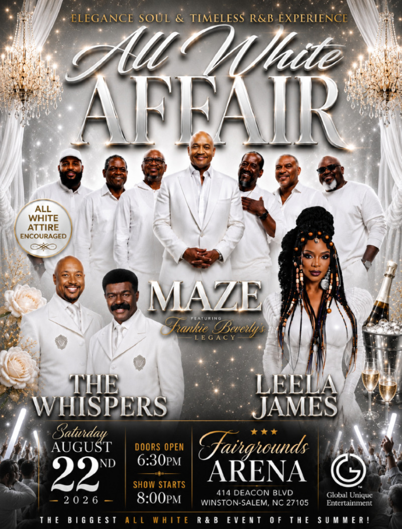 This is an image of (All White Affair- Maze and The Whispers with Leela James) slide